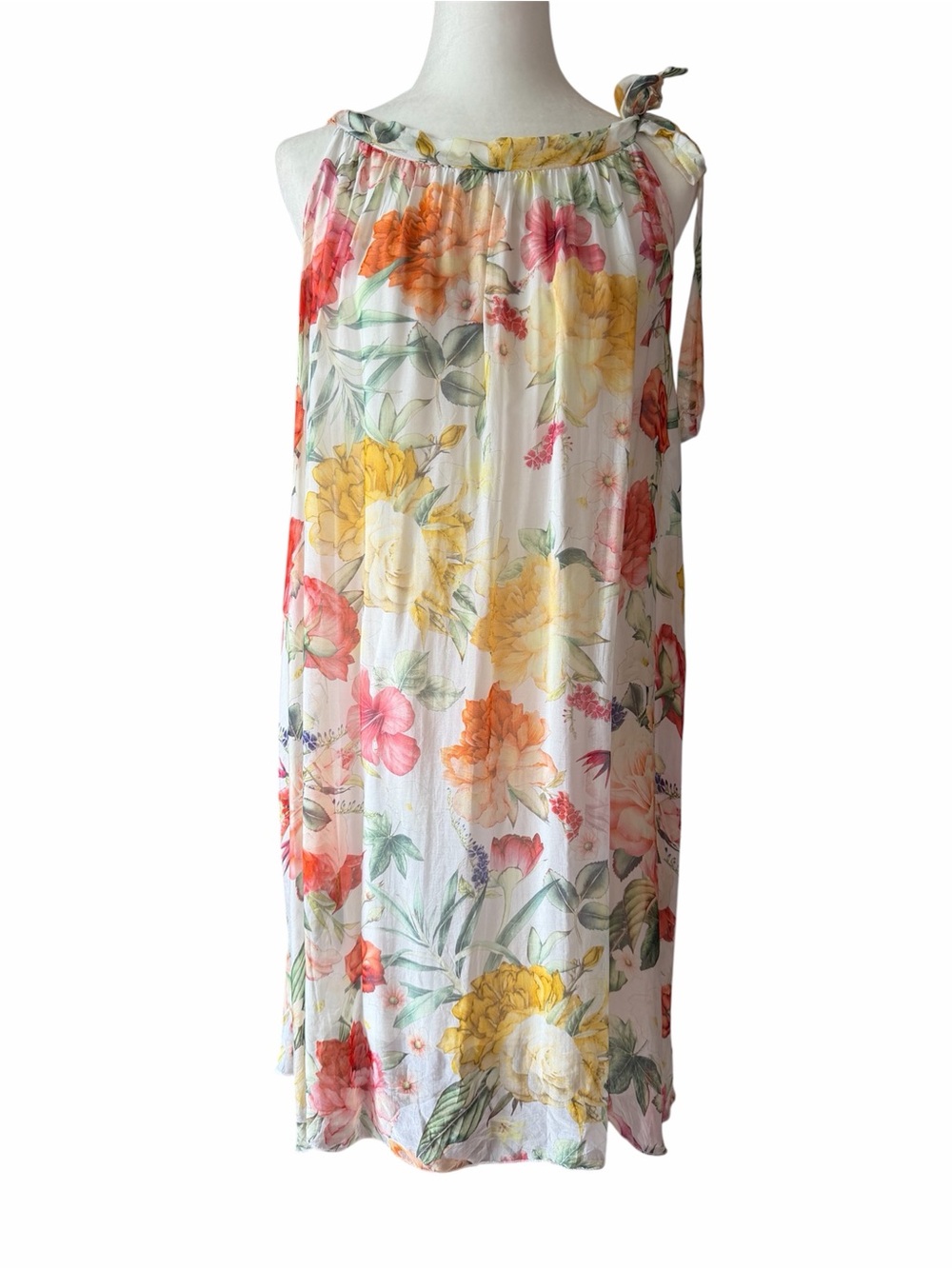 Bellambra Floral Tie-Shoulder White Silk Blend Mini Dress US L